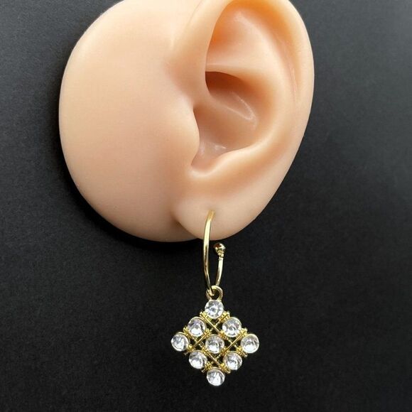Yellow Gold with White Diamond Crystal Rhombus Dangling Hoop Post Back Earrings - Picture 8 of 9